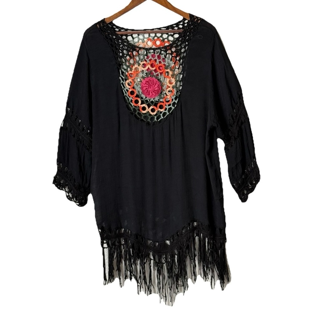 Beach By Exist Black Embroidered Fringe Cover up, Size: L/XL